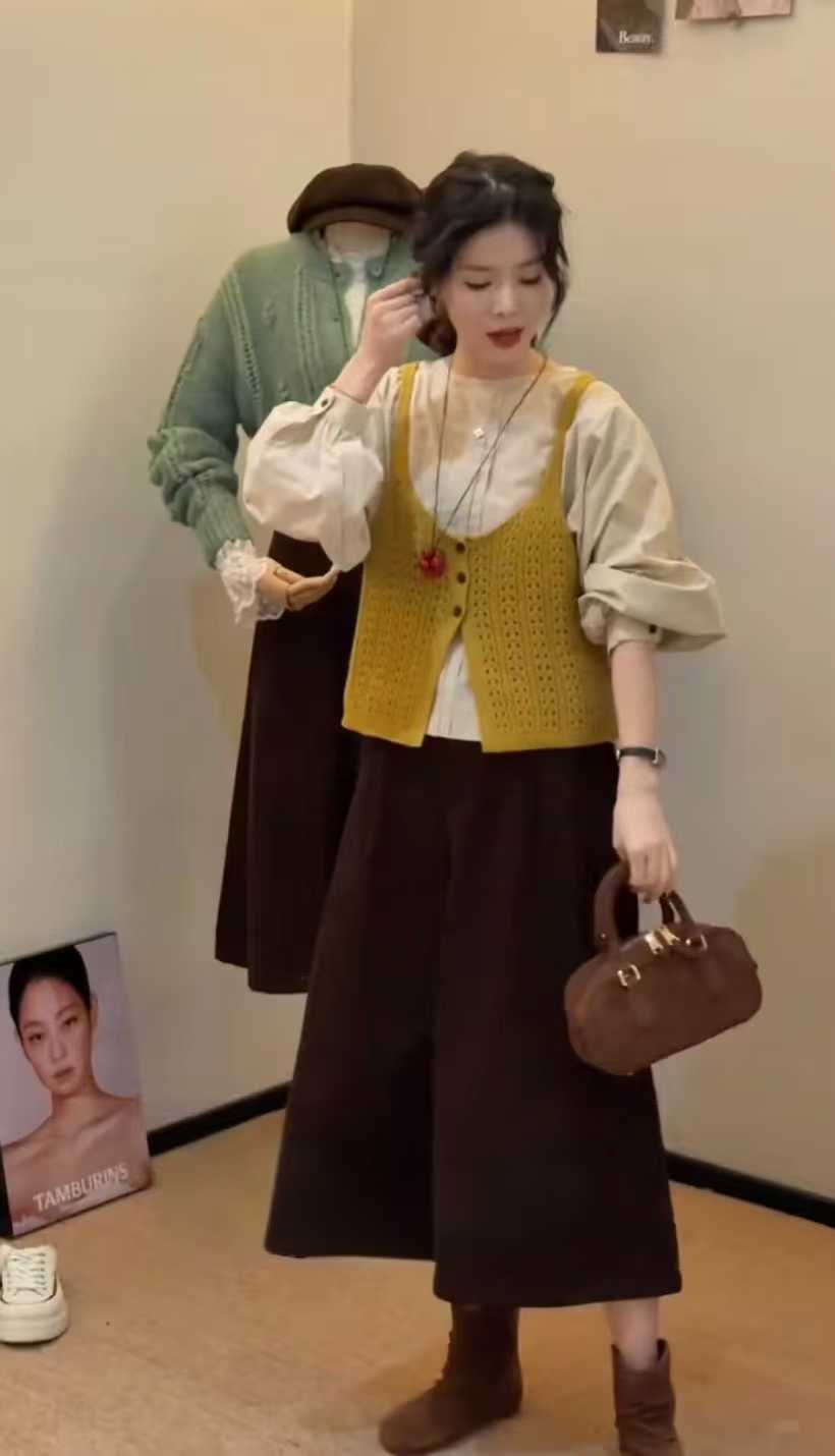 Women’s 3-Piece Fashion Set with Pleated Lantern Sleeve Shirt, Knit Vest, and Wide-Leg Pants