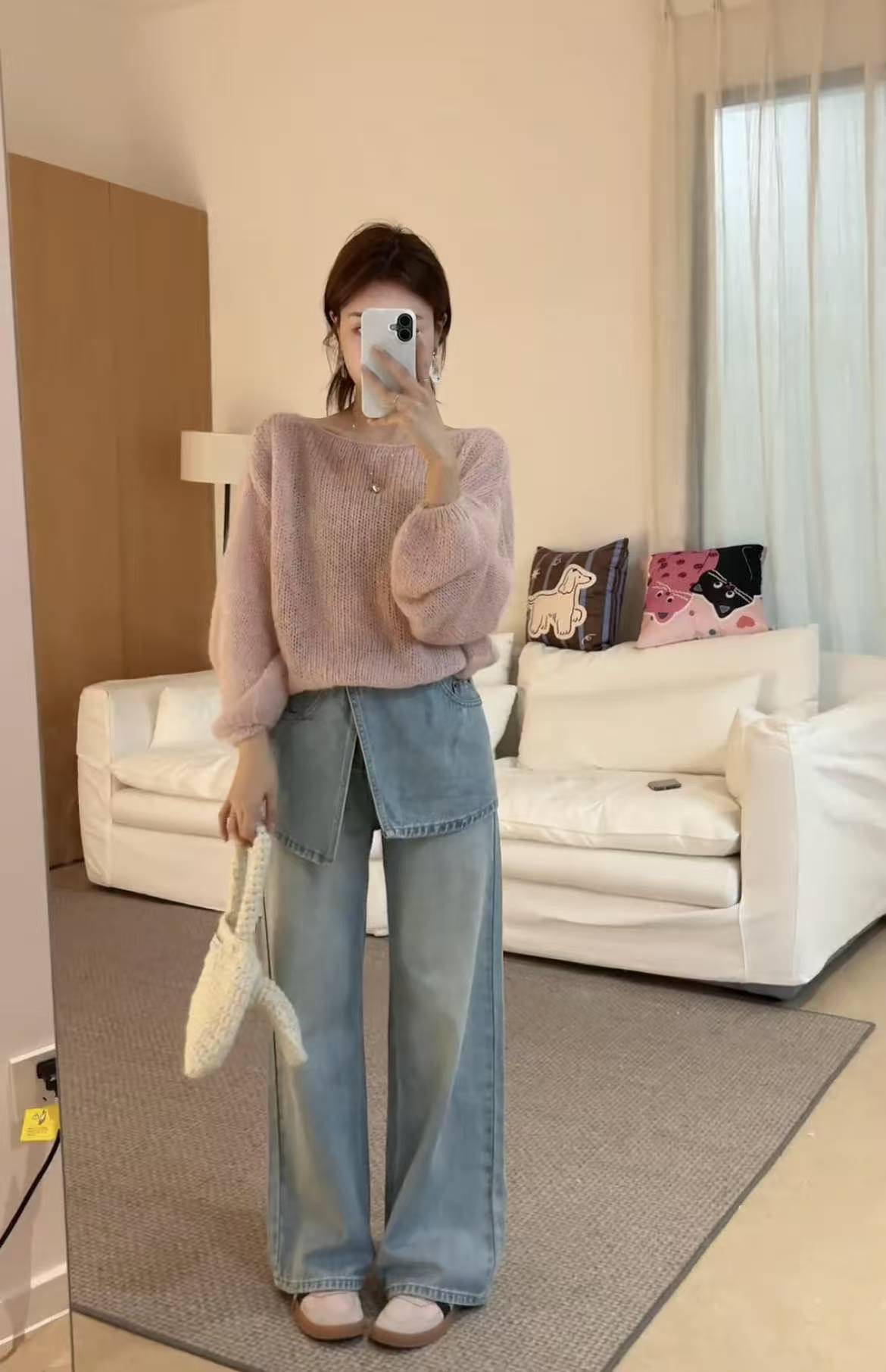 Autumn Korean Retro Pink Loose Knit Sweater and Detachable High Waist Jeans Two Piece Set