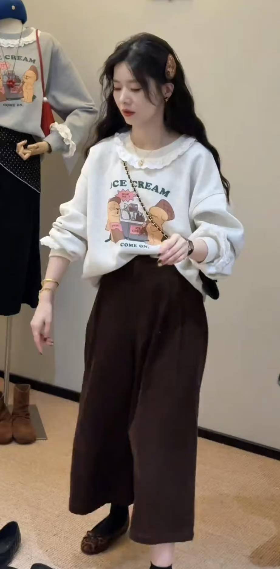 Autumn Lace Trim Cartoon Print Hoodie and High Waist Corduroy Pants Two-Piece Set