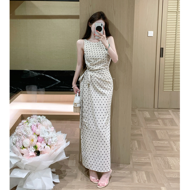 Elegant High Waist Sleeveless Polka Dot Bodycon Dress for Women 2026 Summer
