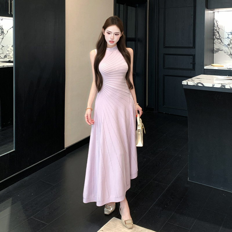 Women’s Sleeveless Knit Bodycon Dress with Cinched Waist and Asymmetric Hem