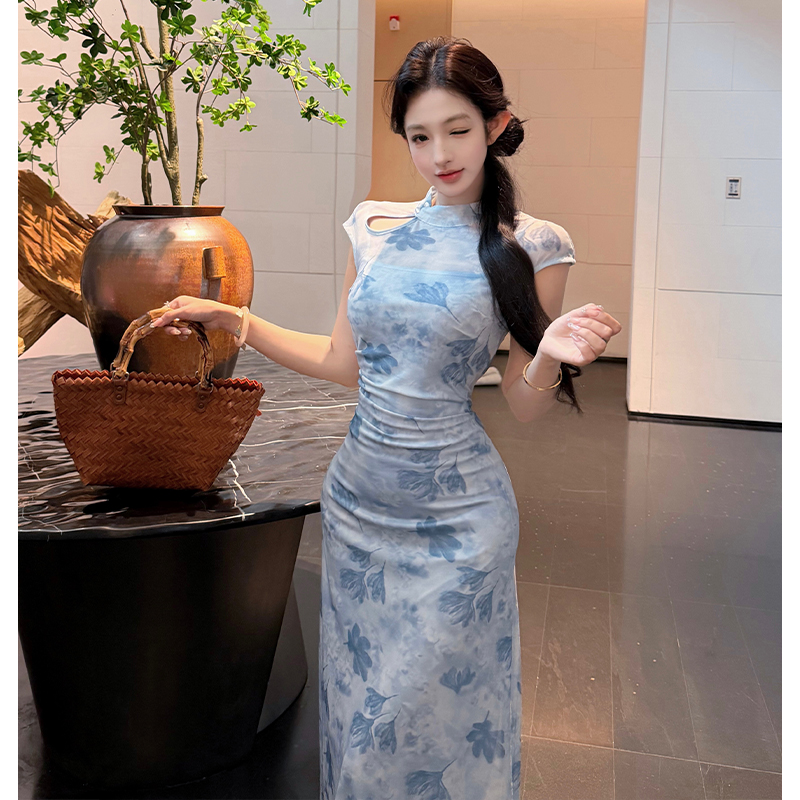 New Chinese Style Flocked Qipao Dress Women Summer Sling Long Dress Gentle Temperament National Style