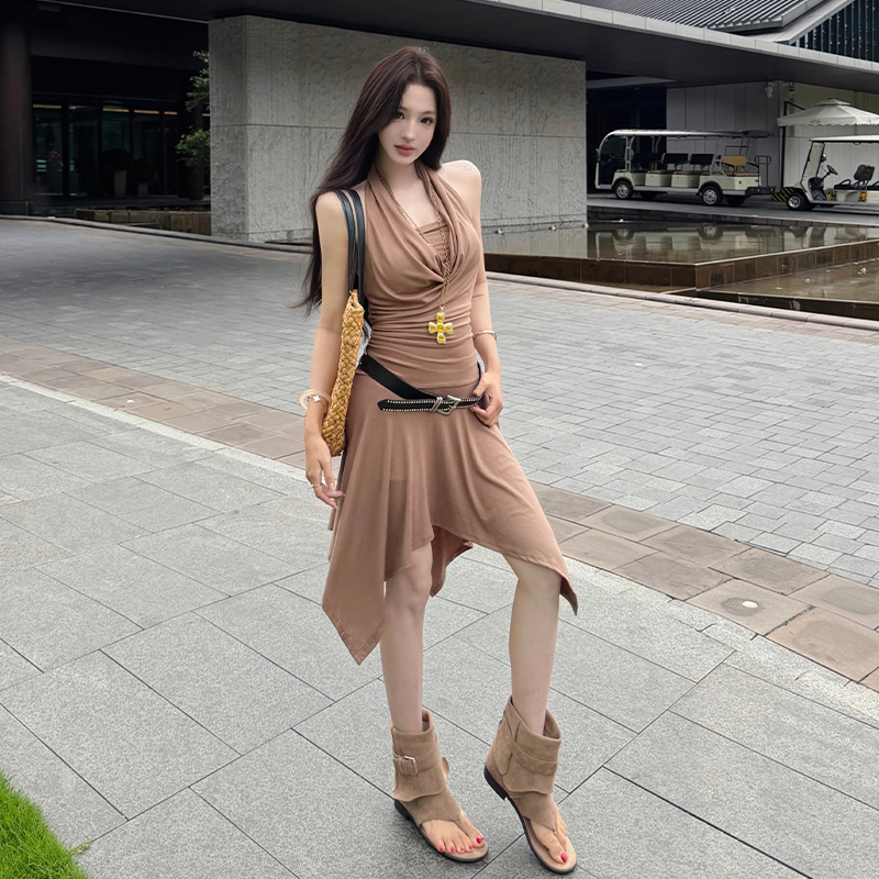 Women’s Irregular Halter Dress with Waist Ruching and Multiple Styling Options – Pure Desire Style Summer