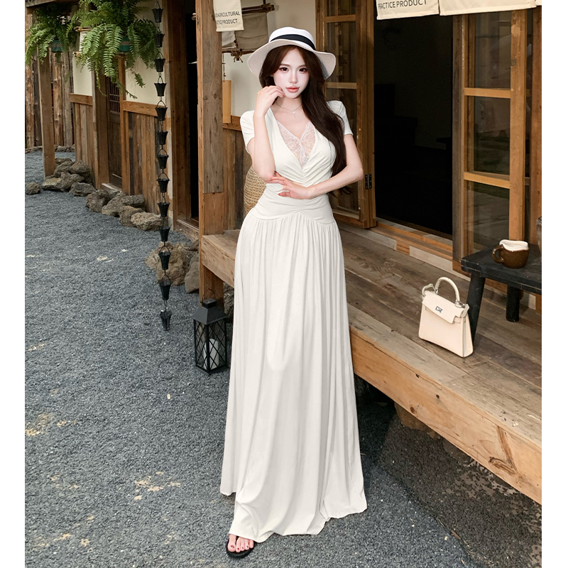 2026 Summer Lace Panel V-Neck Short Sleeve Slim Fit Long Dress for Women