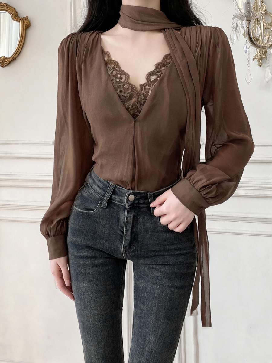 Korean Lace Panel Pullover Top with Ribbon Early Autumn Women’s Shirt