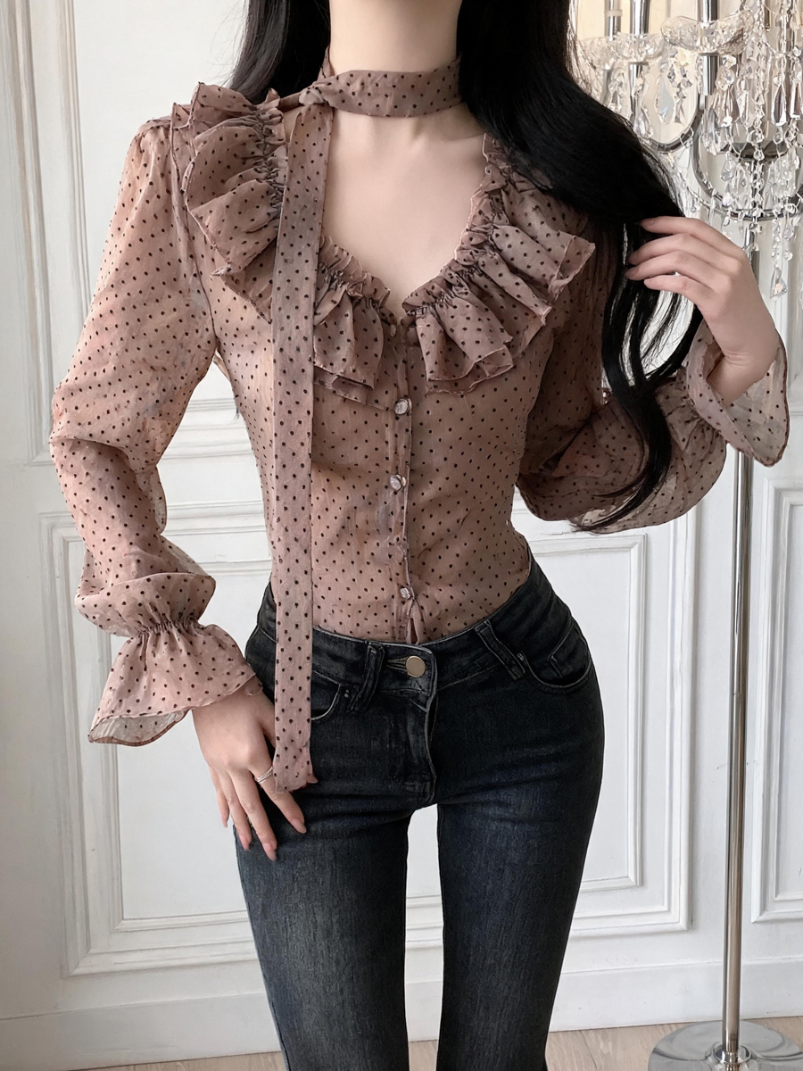 French Retro Polka Dot Blouse for Women with Ruffle Trim and Flared Sleeves