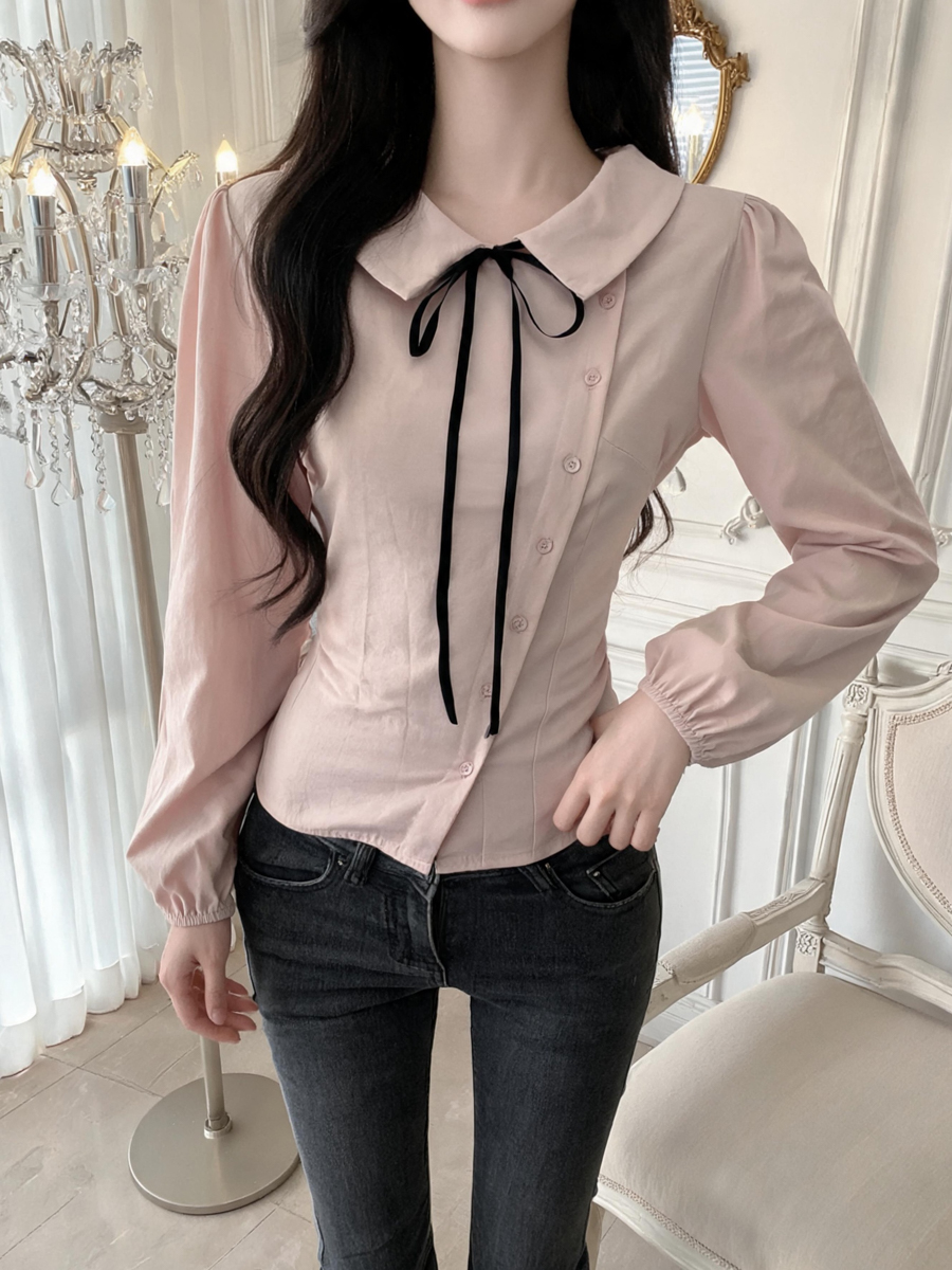 Preppy Tie-Front Doll Collar Shirt Women’s New Long Sleeve Loose Niche Design Top