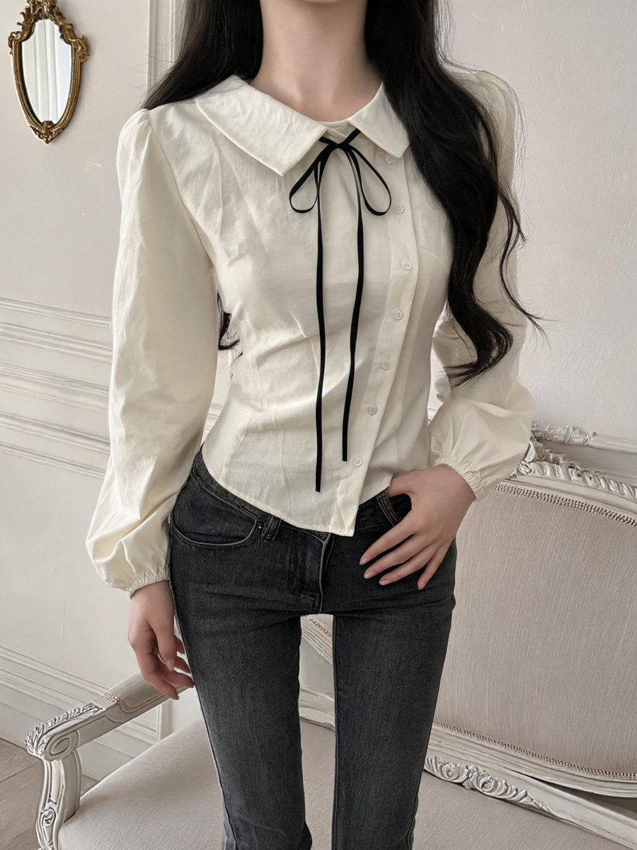 Preppy Tie-Front Doll Collar Shirt Women's New Long Sleeve Loose Niche Design Top - Image 4