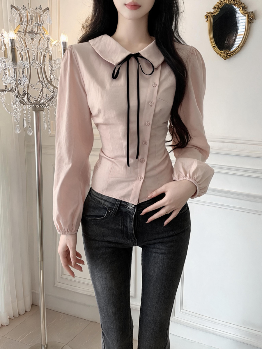 Preppy Tie-Front Doll Collar Shirt Women's New Long Sleeve Loose Niche Design Top - Image 2