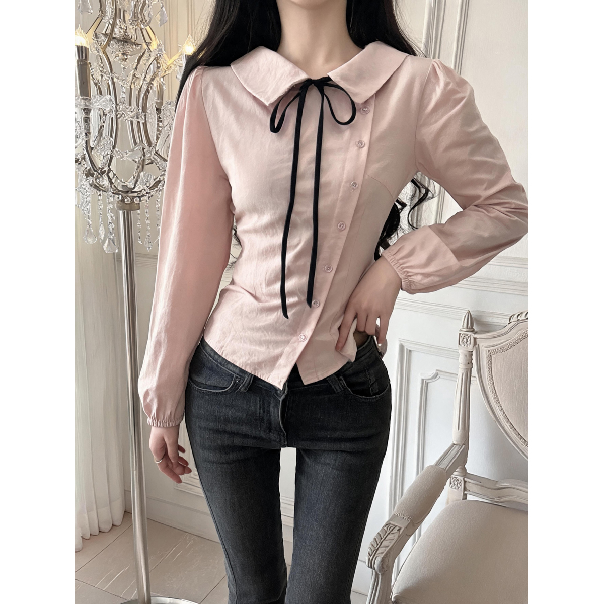 Preppy Tie-Front Doll Collar Shirt Women's New Long Sleeve Loose Niche Design Top - Image 5