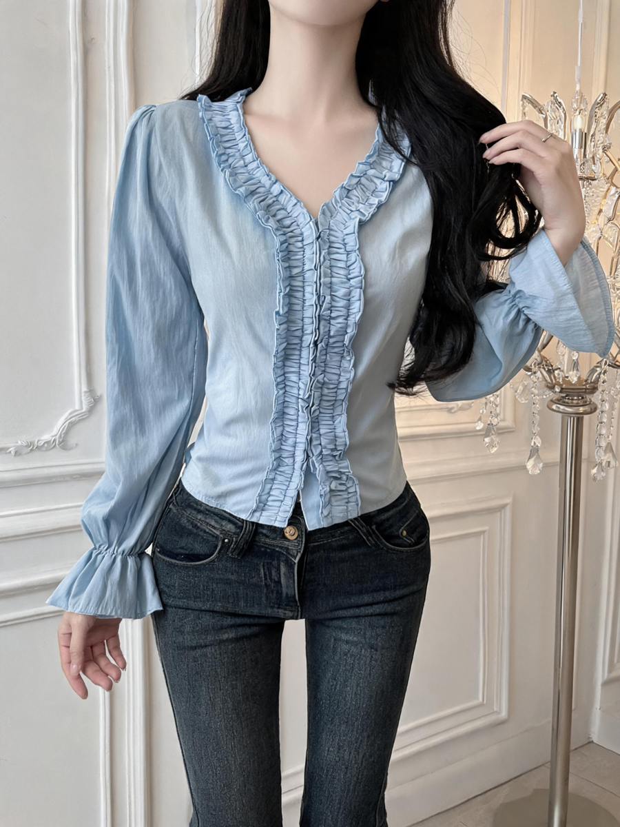 French Style Ruffle V-Neck Pure Cotton Long Sleeve Shirt Women’s Fall Waist-Cinching Top