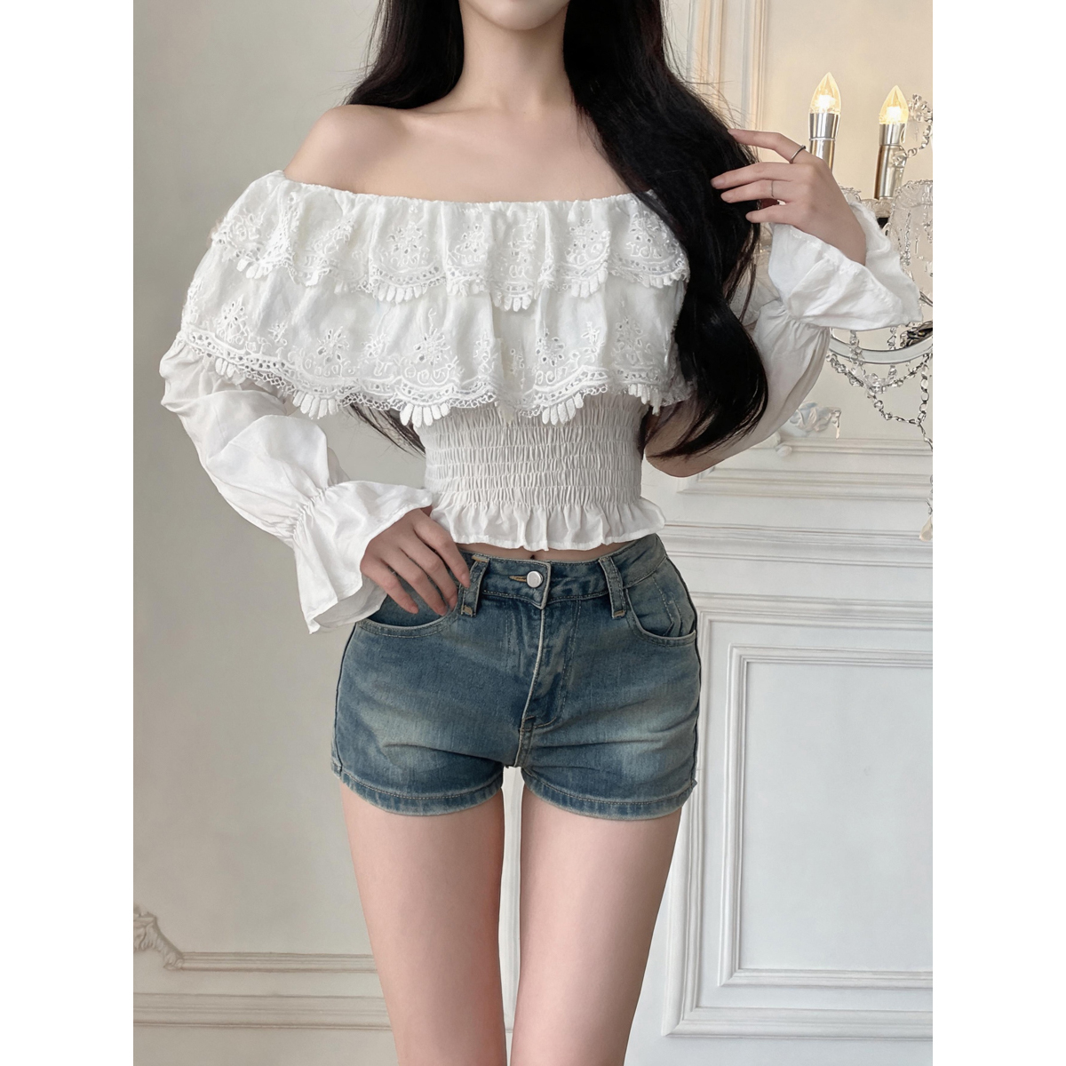 French Off-Shoulder Ruffle Collar Puff Sleeve Embroidered Short Blouse - Style 6511a4 - Image 5