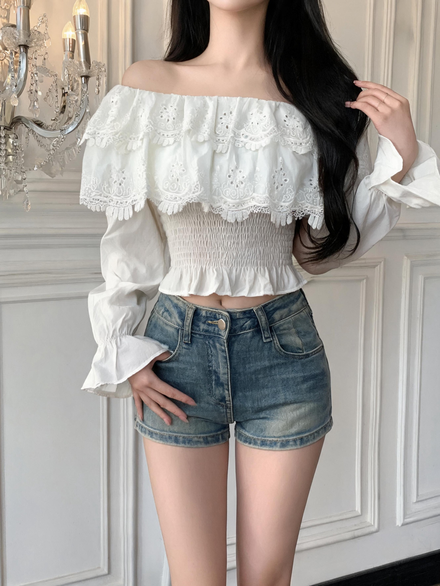 French Off-Shoulder Ruffle Collar Puff Sleeve Embroidered Short Blouse - Style 6511a4 - Image 4