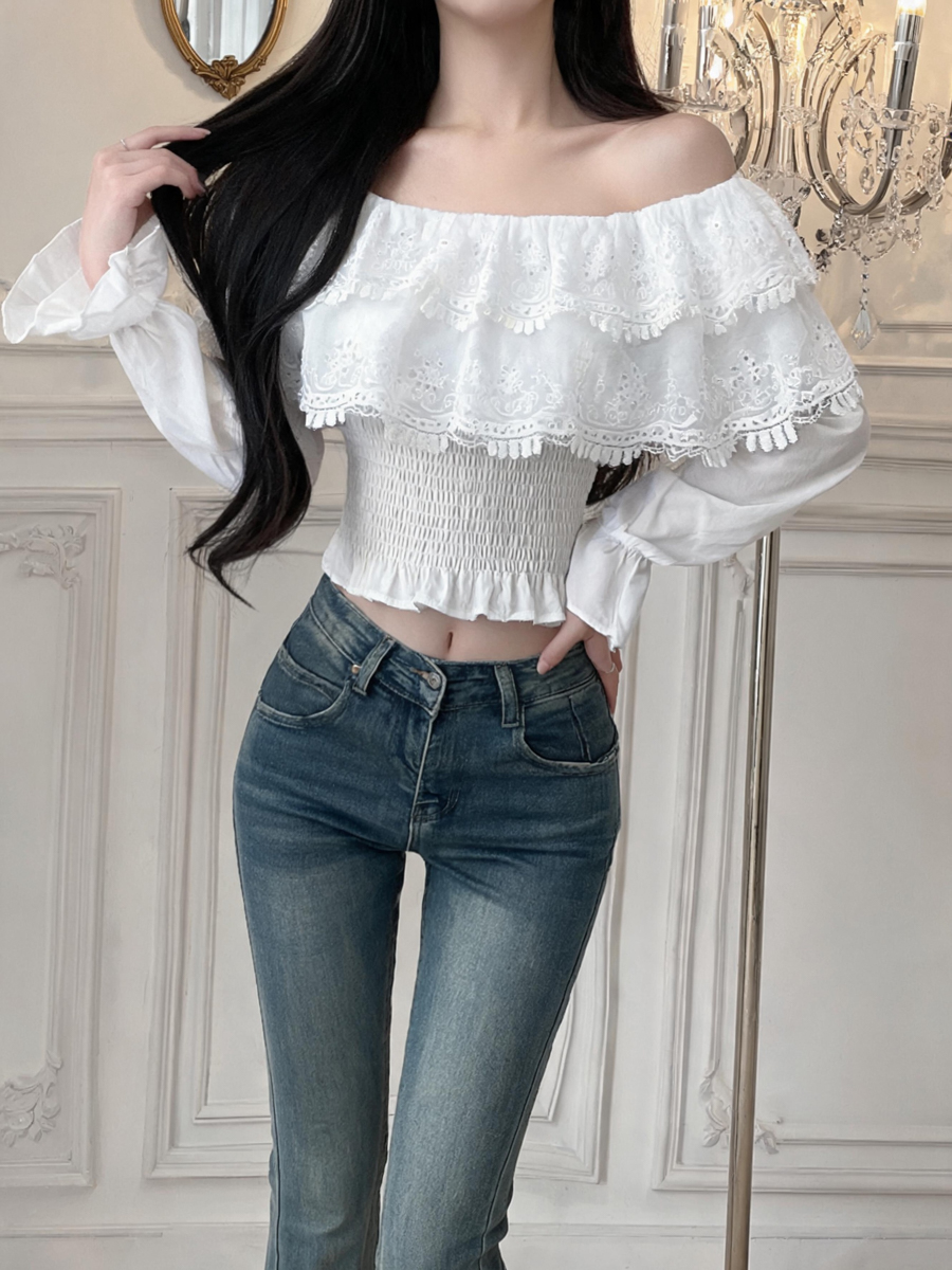 French Off-Shoulder Ruffle Collar Puff Sleeve Embroidered Short Blouse - Style 6511a4 - Image 2