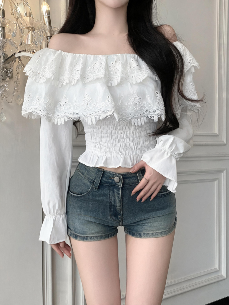 French Off-Shoulder Ruffle Collar Puff Sleeve Embroidered Short Blouse – Style 6511a4