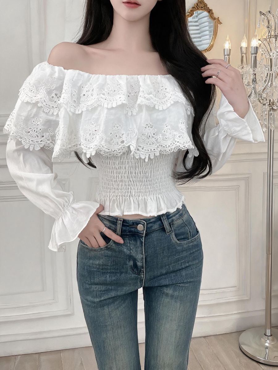 French Off-Shoulder Ruffle Collar Puff Sleeve Embroidered Short Blouse - Style 6511a4 - Image 3