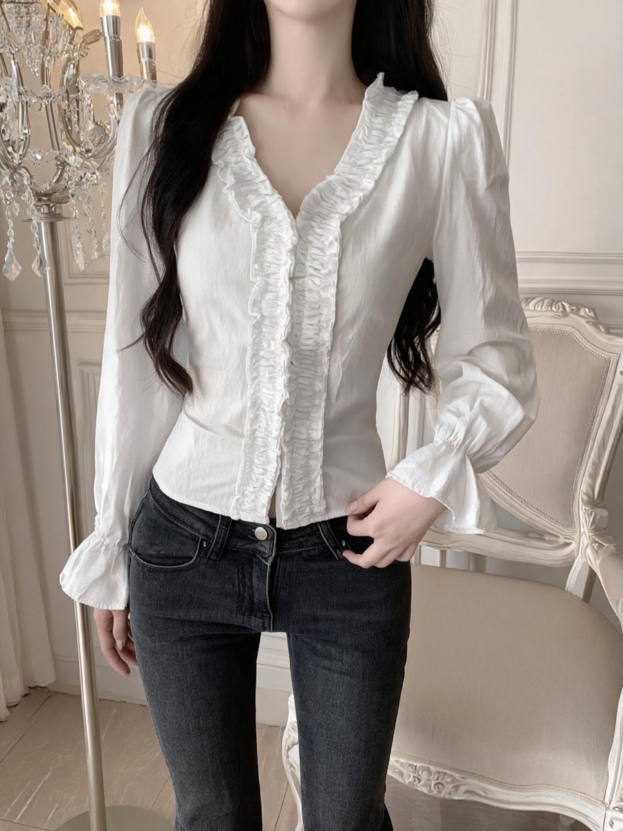 French Style Ruffle V-Neck Pure Cotton Long Sleeve Shirt Women’s Waist-Cinching Top