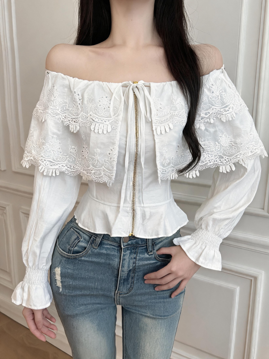 Embroidered Off-Shoulder Flared Long-Sleeve Zip-Up Cropped Shirt