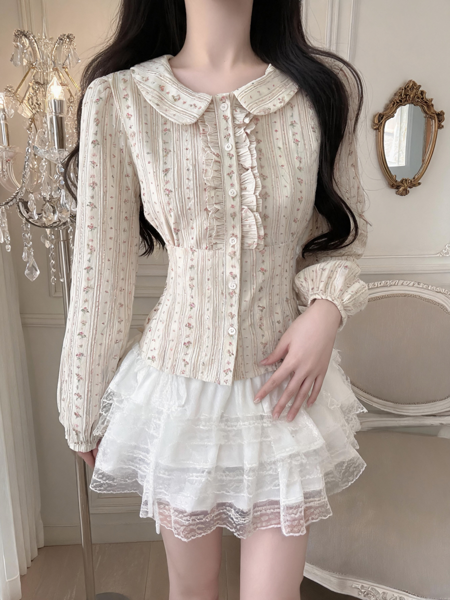 2026 Autumn Korean Style Doll Collar Floral Ruffle Waist Shirt