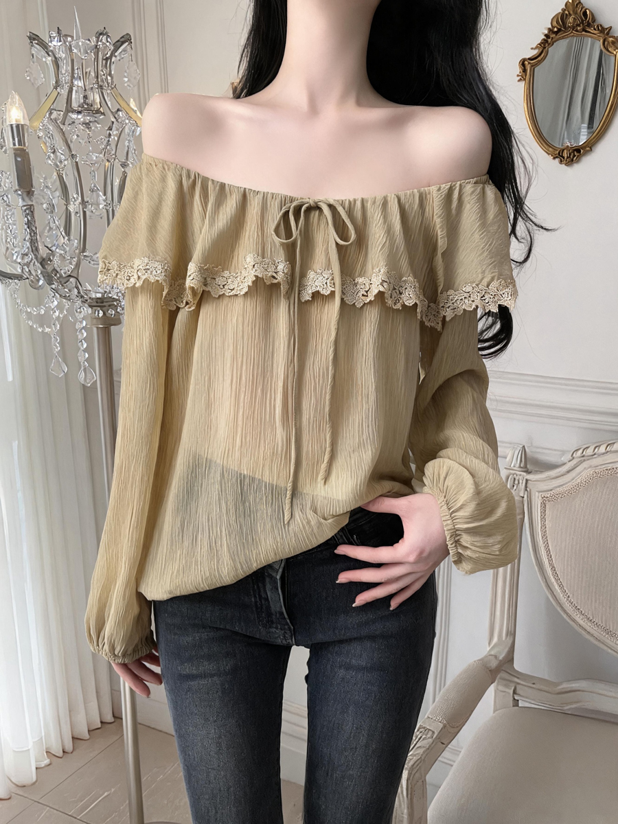 Women’s Ruffle Trim Long Sleeve Blouse French Style Summer Top