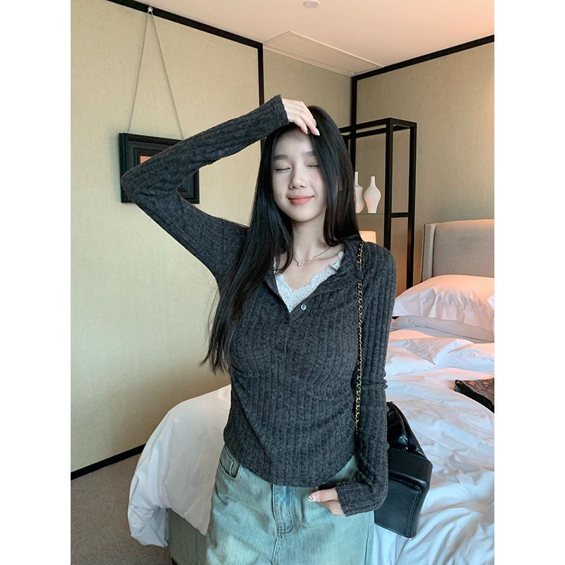 Women’s Faux Two-Piece V-Neck Long Sleeve Top Slim Fit Fall 2026