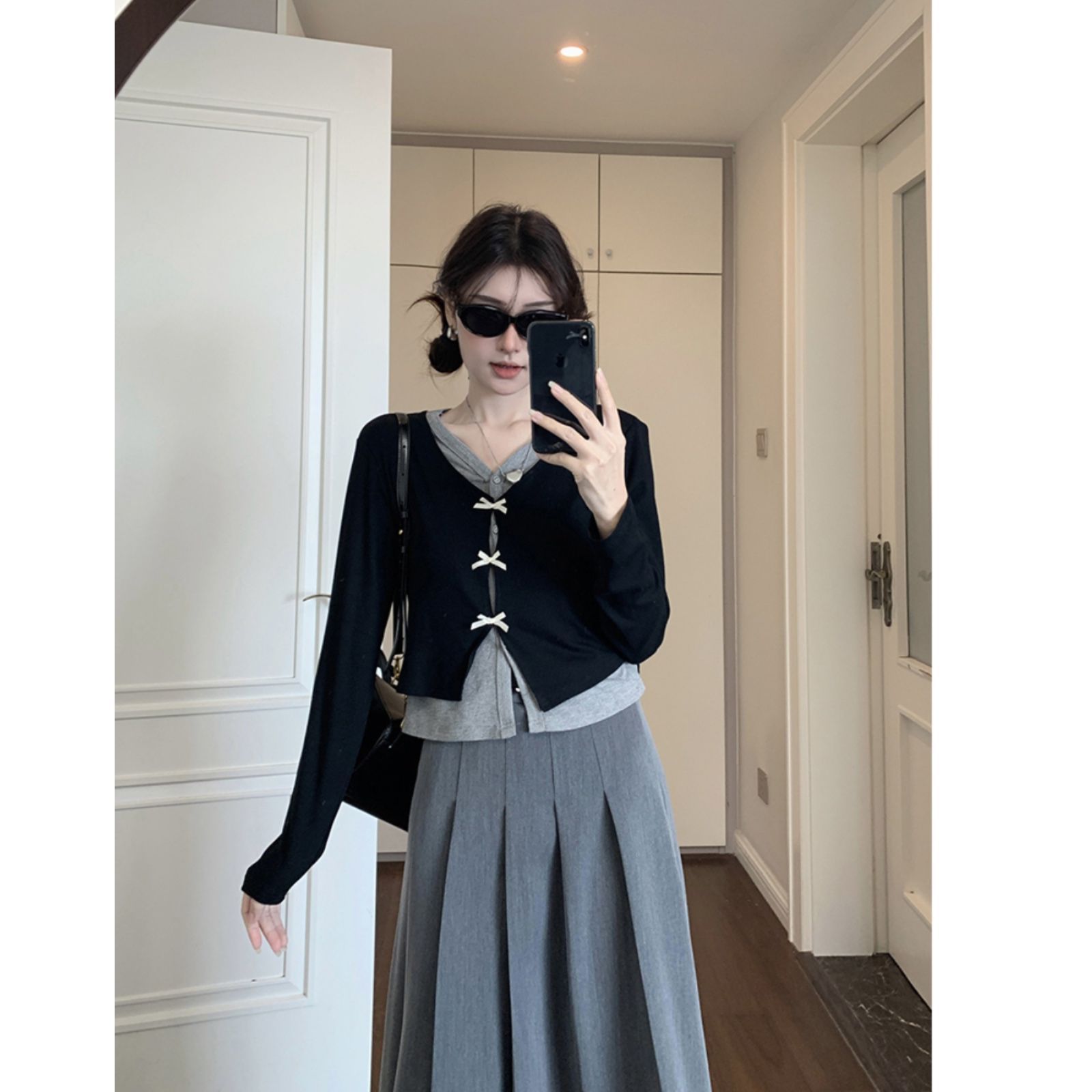 Women’s Faux Two-Piece Bow Long Sleeve Knit Top and Pleated Skirt Set