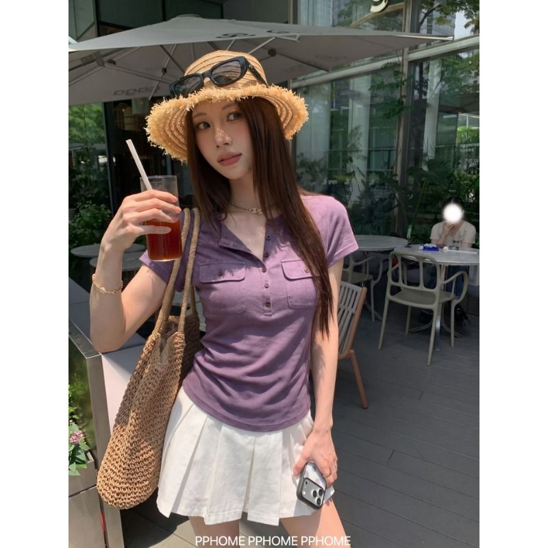 Women’s Henley Neck Pocket T-Shirt Short Sleeve Loose Fit Casual Top