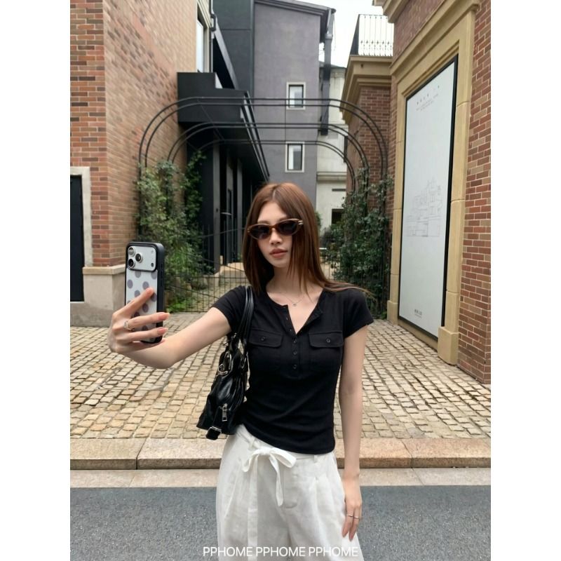 Women's Henley Neck Pocket T-Shirt Short Sleeve Loose Fit Casual Top - Image 2