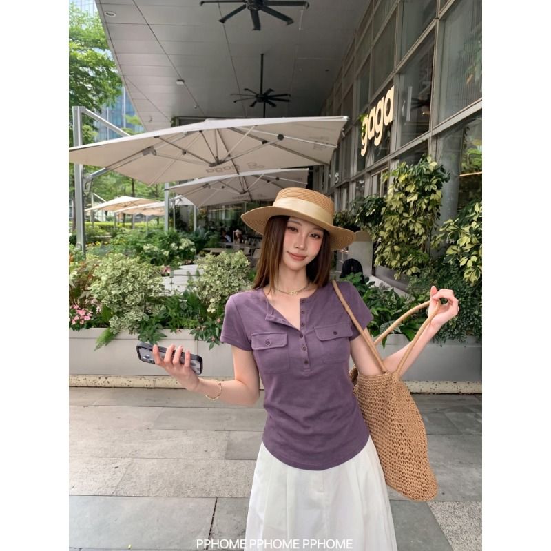 Women's Henley Neck Pocket T-Shirt Short Sleeve Loose Fit Casual Top - Image 3