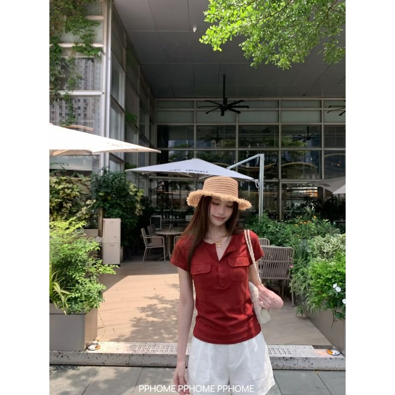 Women's Henley Neck Pocket T-Shirt Short Sleeve Loose Fit Casual Top - Image 4