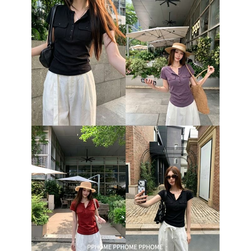 Women's Henley Neck Pocket T-Shirt Short Sleeve Loose Fit Casual Top - Image 5