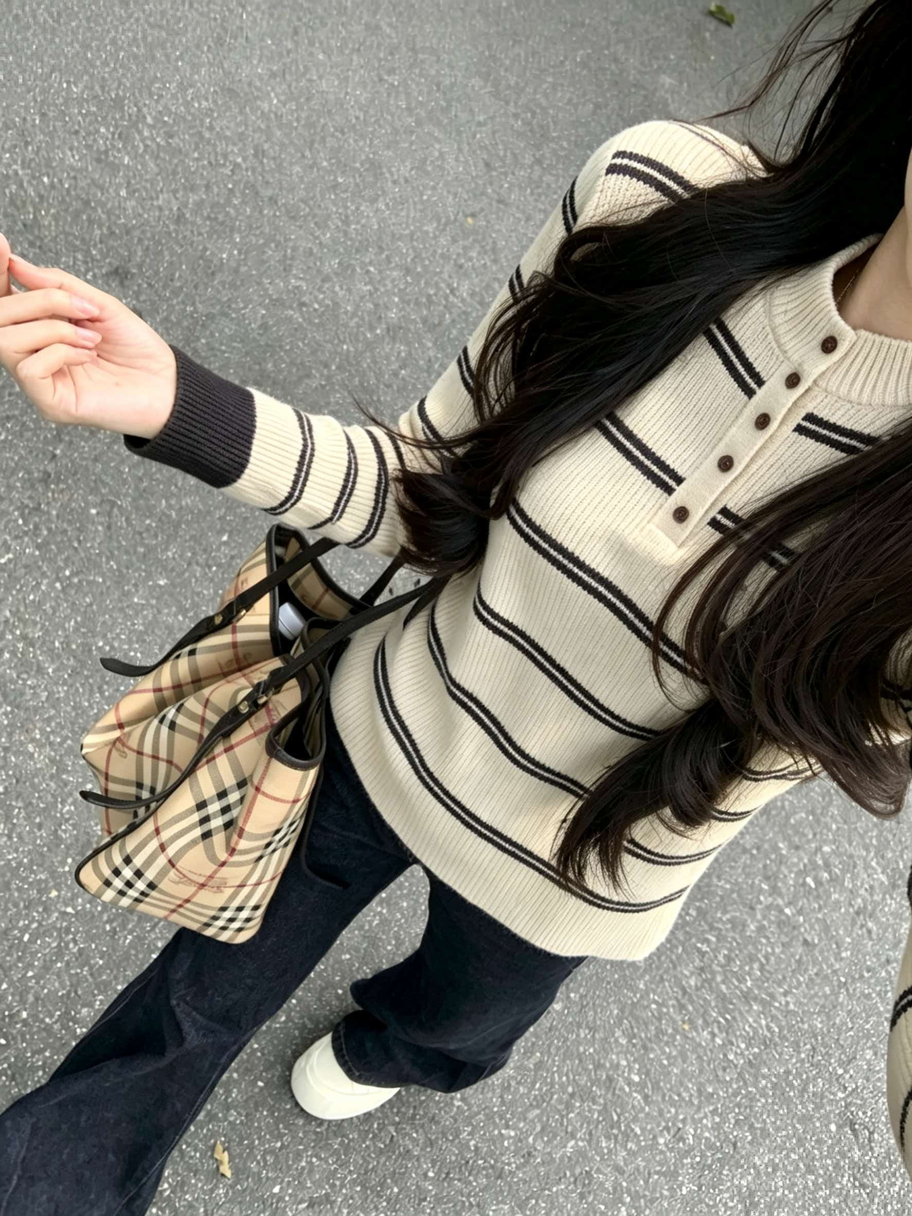 Apricot Striped Half Turtleneck Slim Fit Knit Sweater for Women