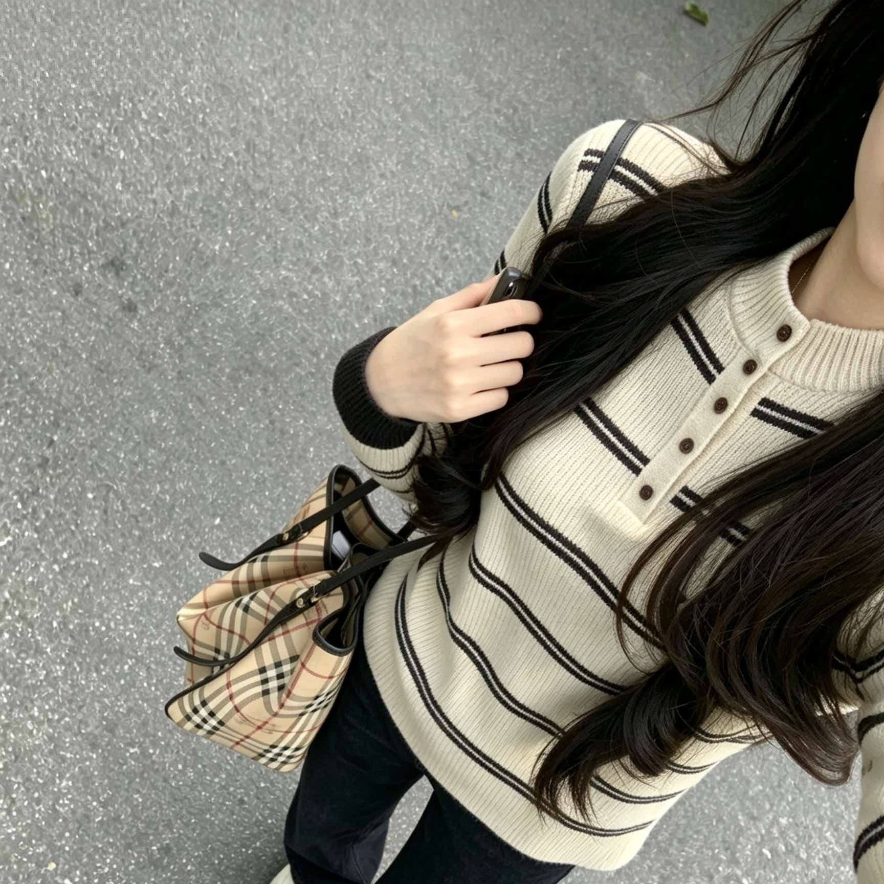 Apricot Striped Half Turtleneck Slim Fit Knit Sweater for Women - Image 5