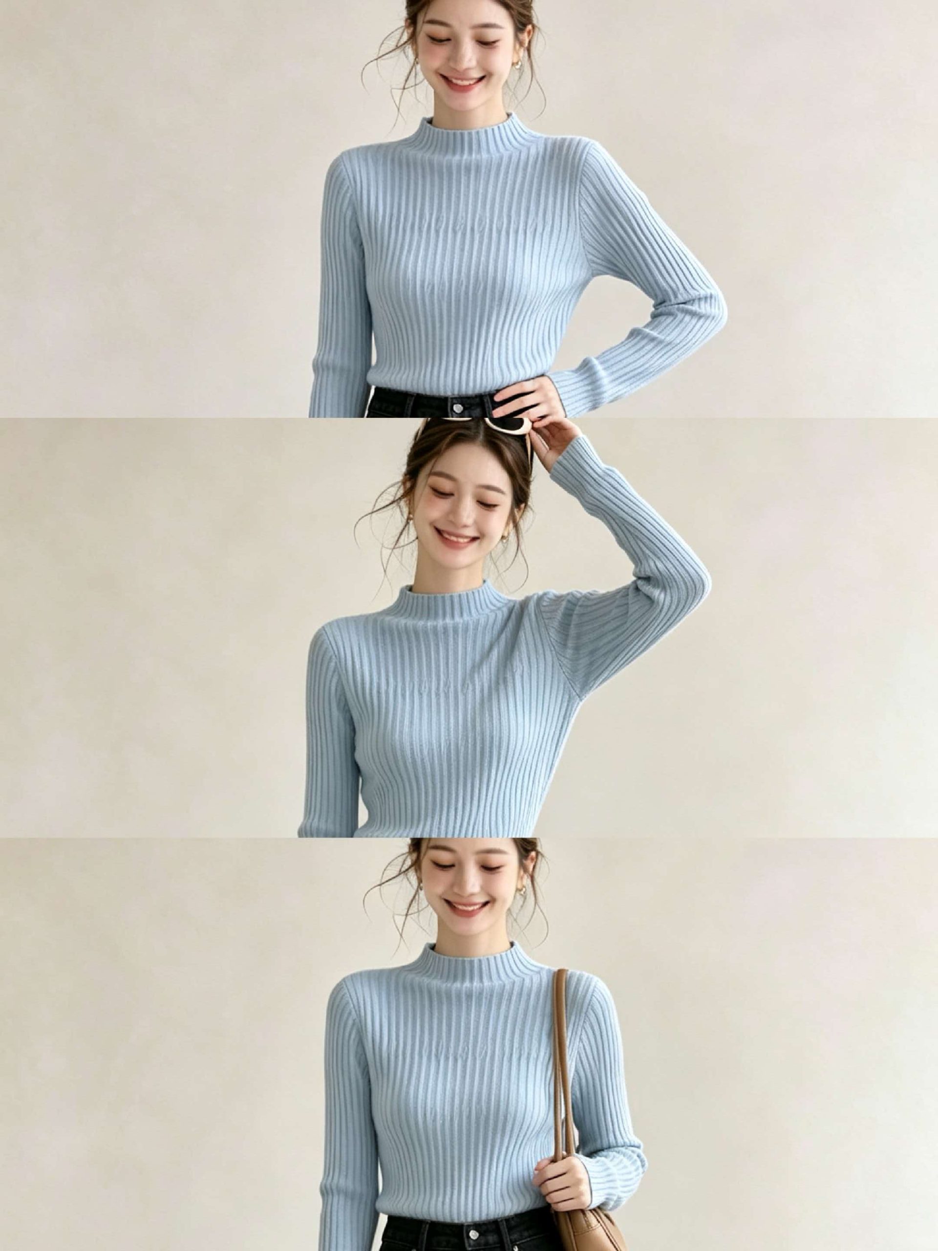 Women’s Blue Half Turtleneck Slim Fit Knit Sweater 2026 Early Autumn Korean Style Base Layer Top