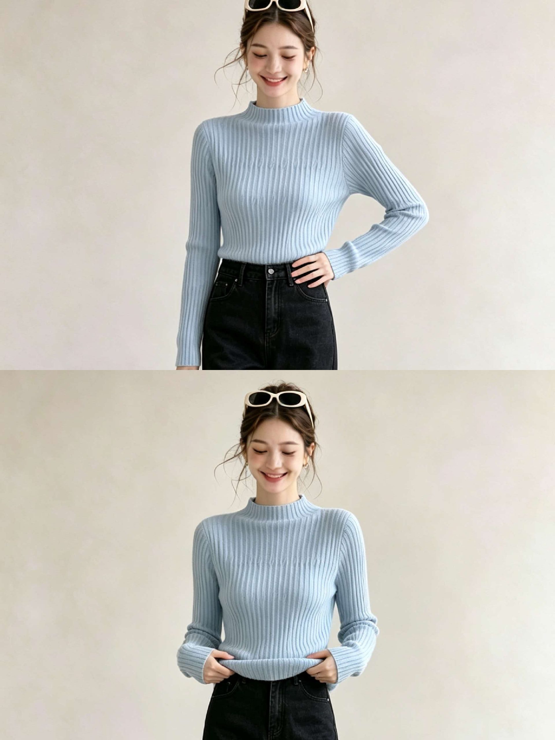 Women's Blue Half Turtleneck Slim Fit Knit Sweater 2026 Early Autumn Korean Style Base Layer Top - Image 3