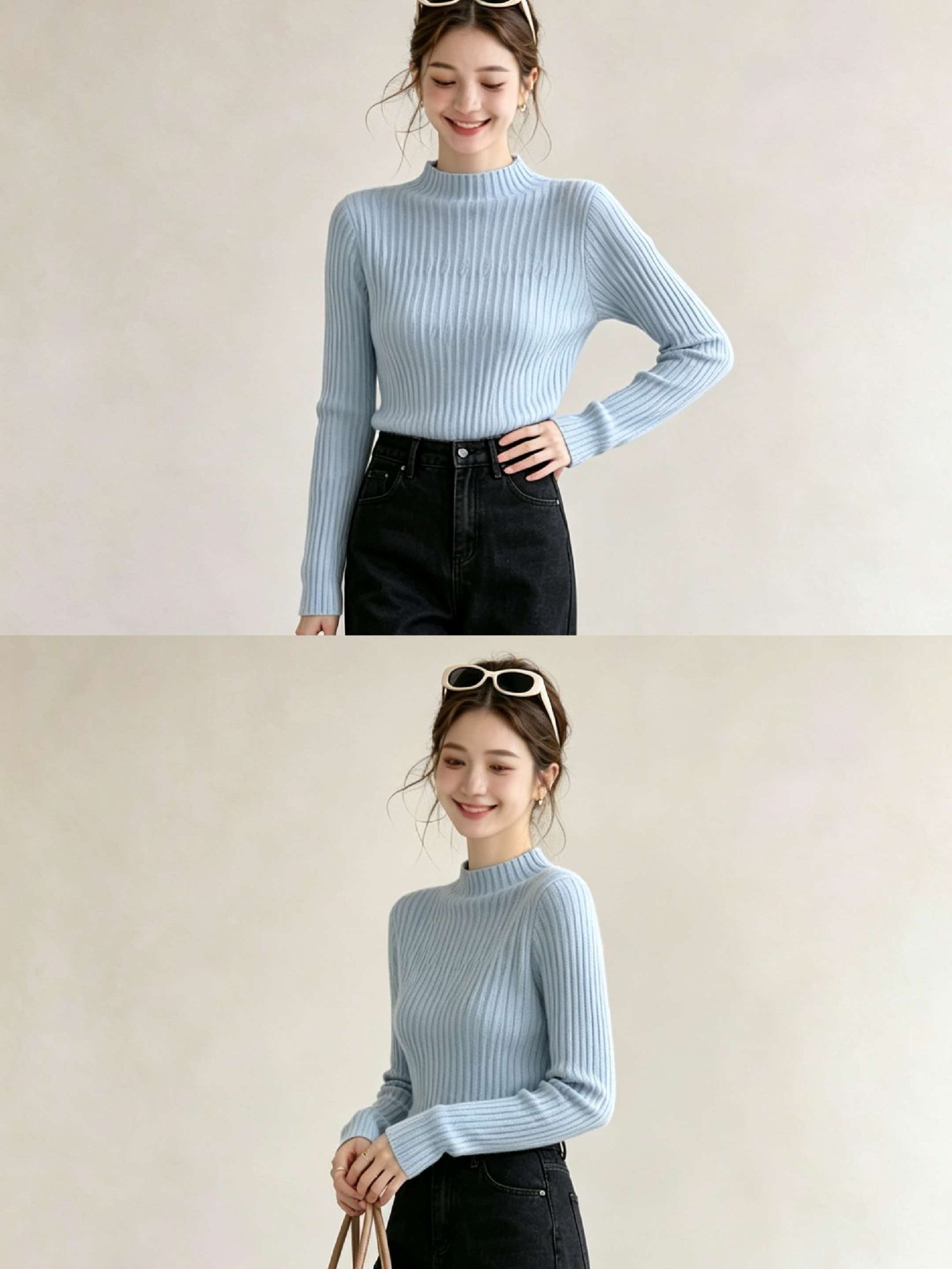Women's Blue Half Turtleneck Slim Fit Knit Sweater 2026 Early Autumn Korean Style Base Layer Top - Image 2