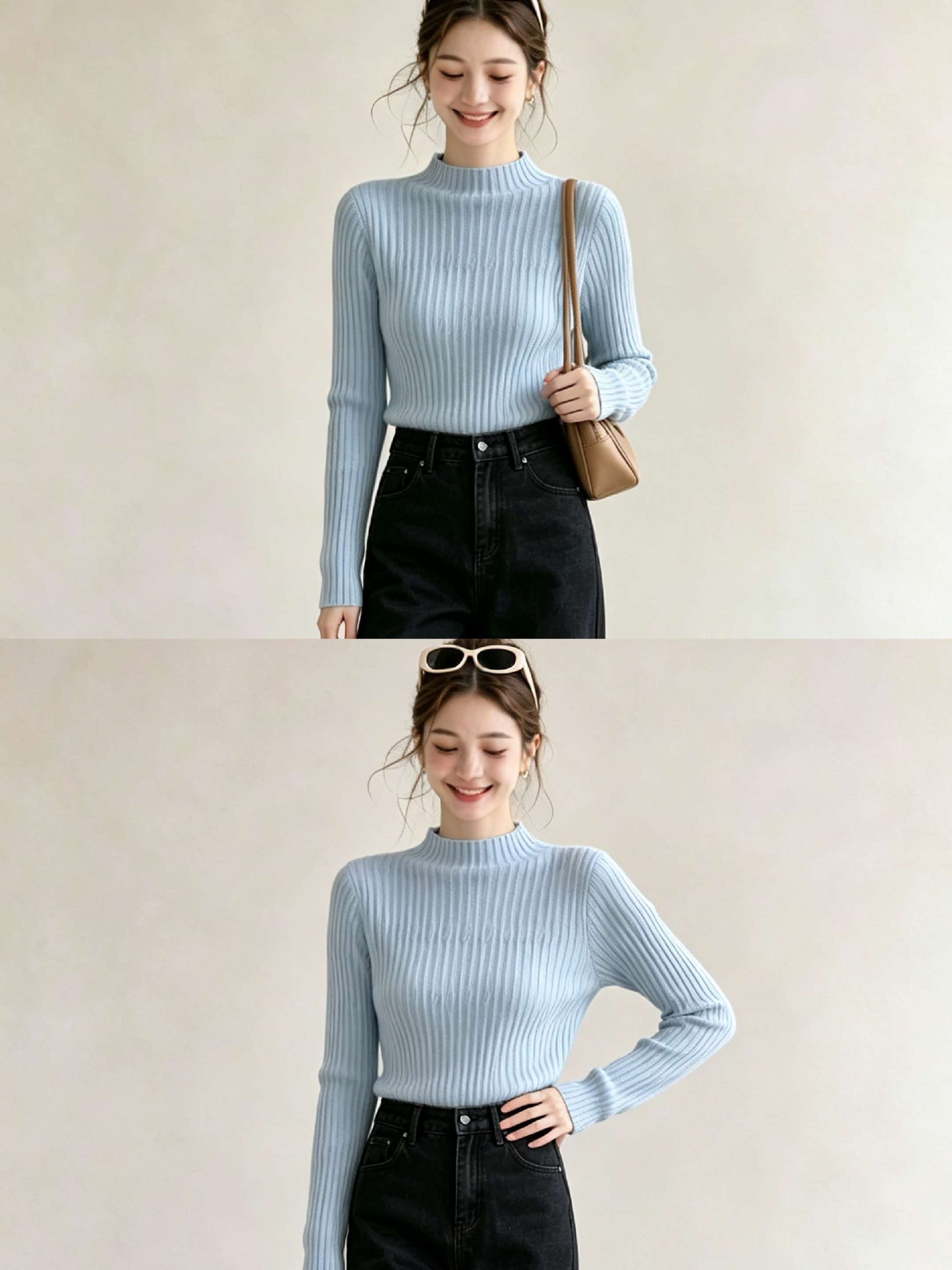 Women's Blue Half Turtleneck Slim Fit Knit Sweater 2026 Early Autumn Korean Style Base Layer Top - Image 4