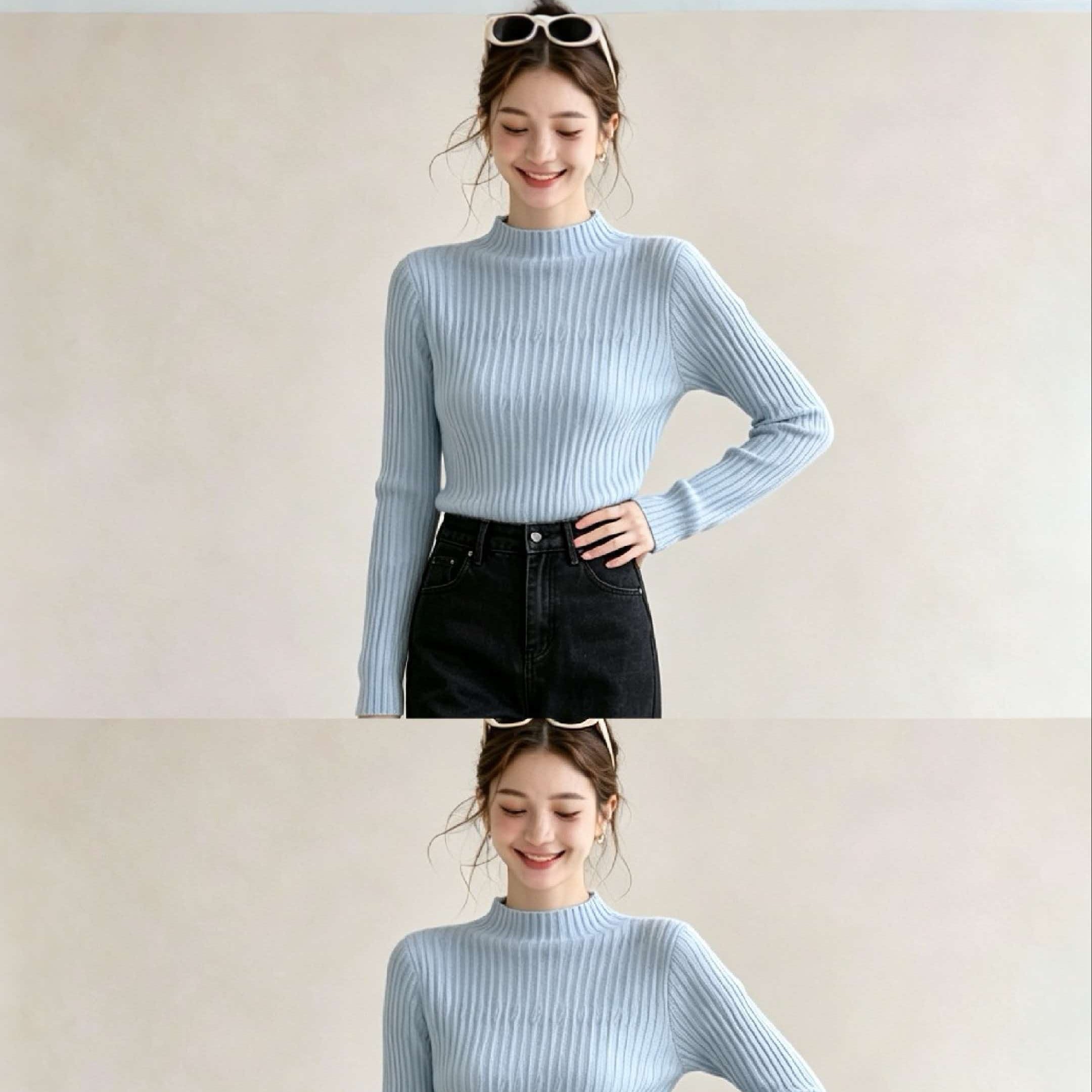 Women's Blue Half Turtleneck Slim Fit Knit Sweater 2026 Early Autumn Korean Style Base Layer Top - Image 5