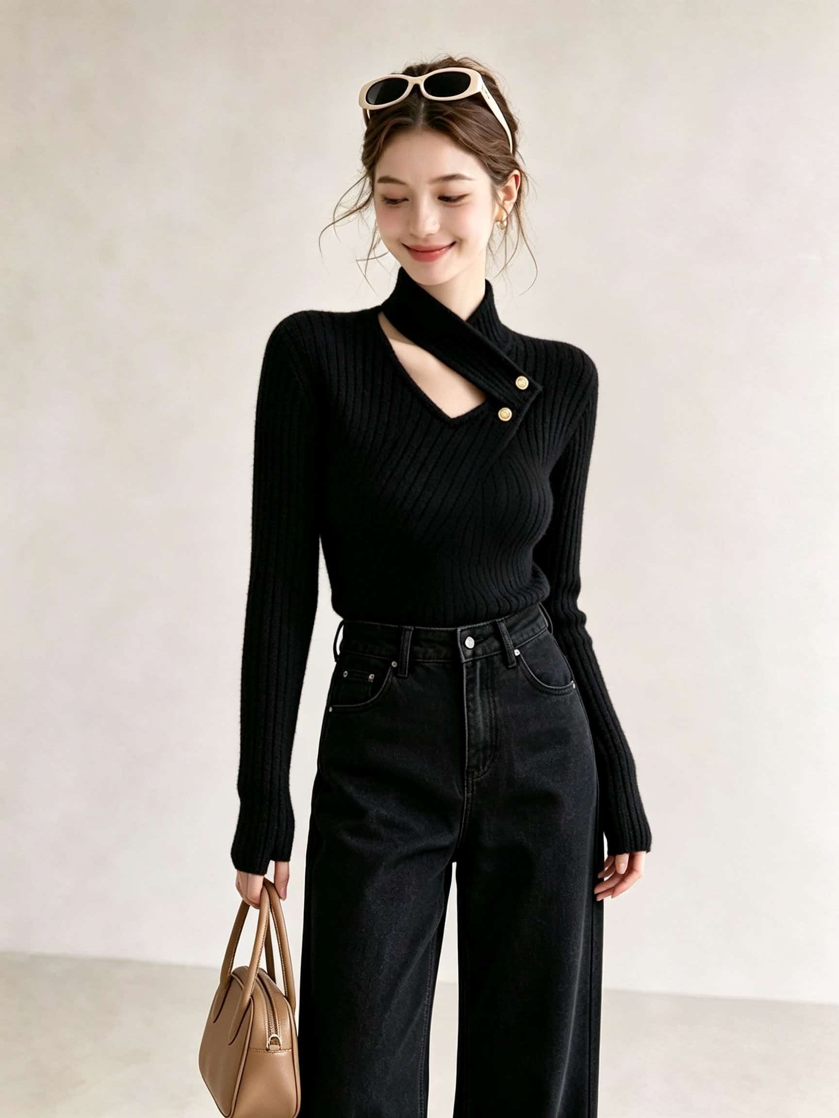 Designer Black Slimming Long Sleeve Knit Sweater Women's Early Autumn Korean Style - Image 4
