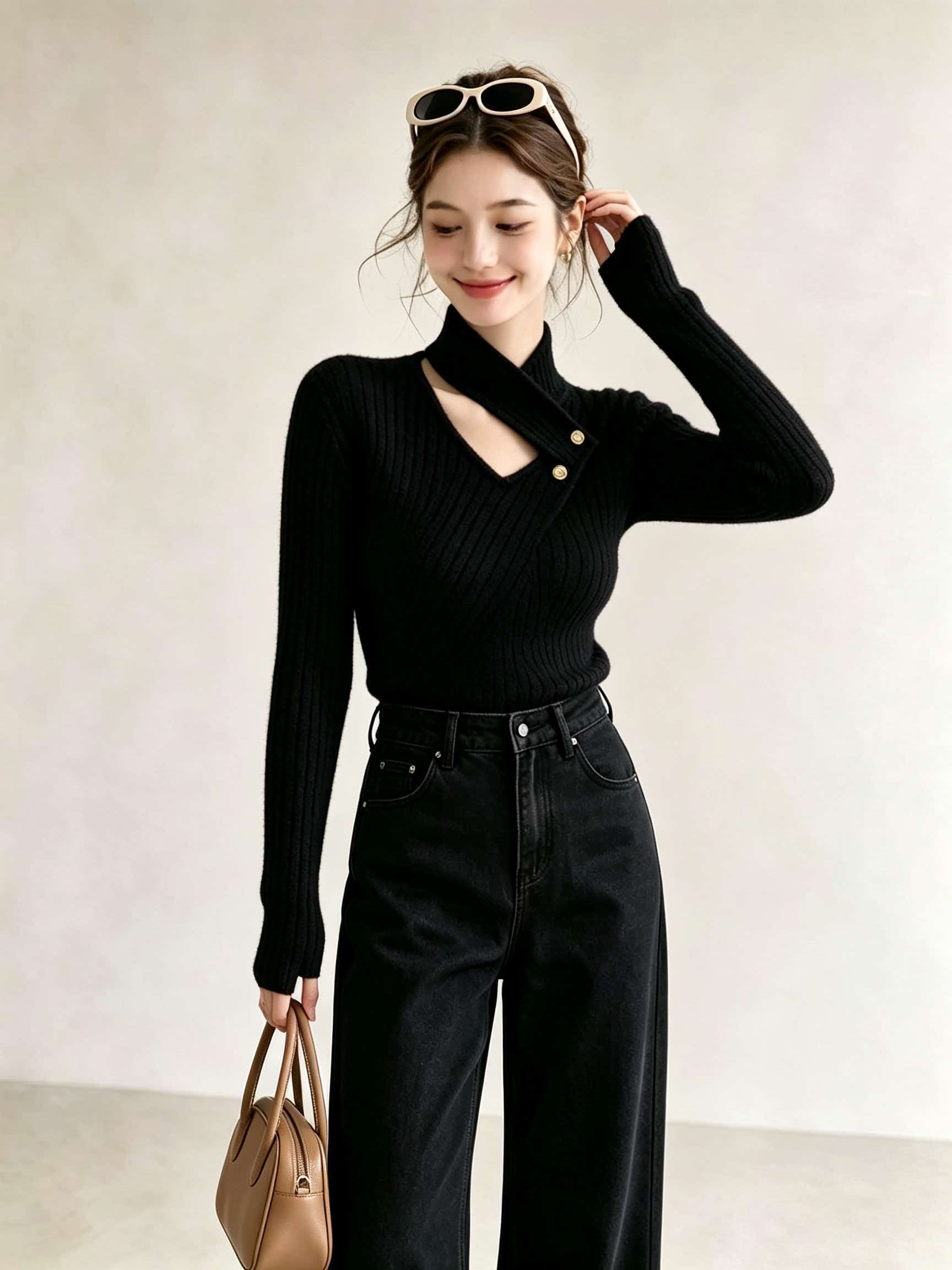 Designer Black Slimming Long Sleeve Knit Sweater Women’s Early Autumn Korean Style