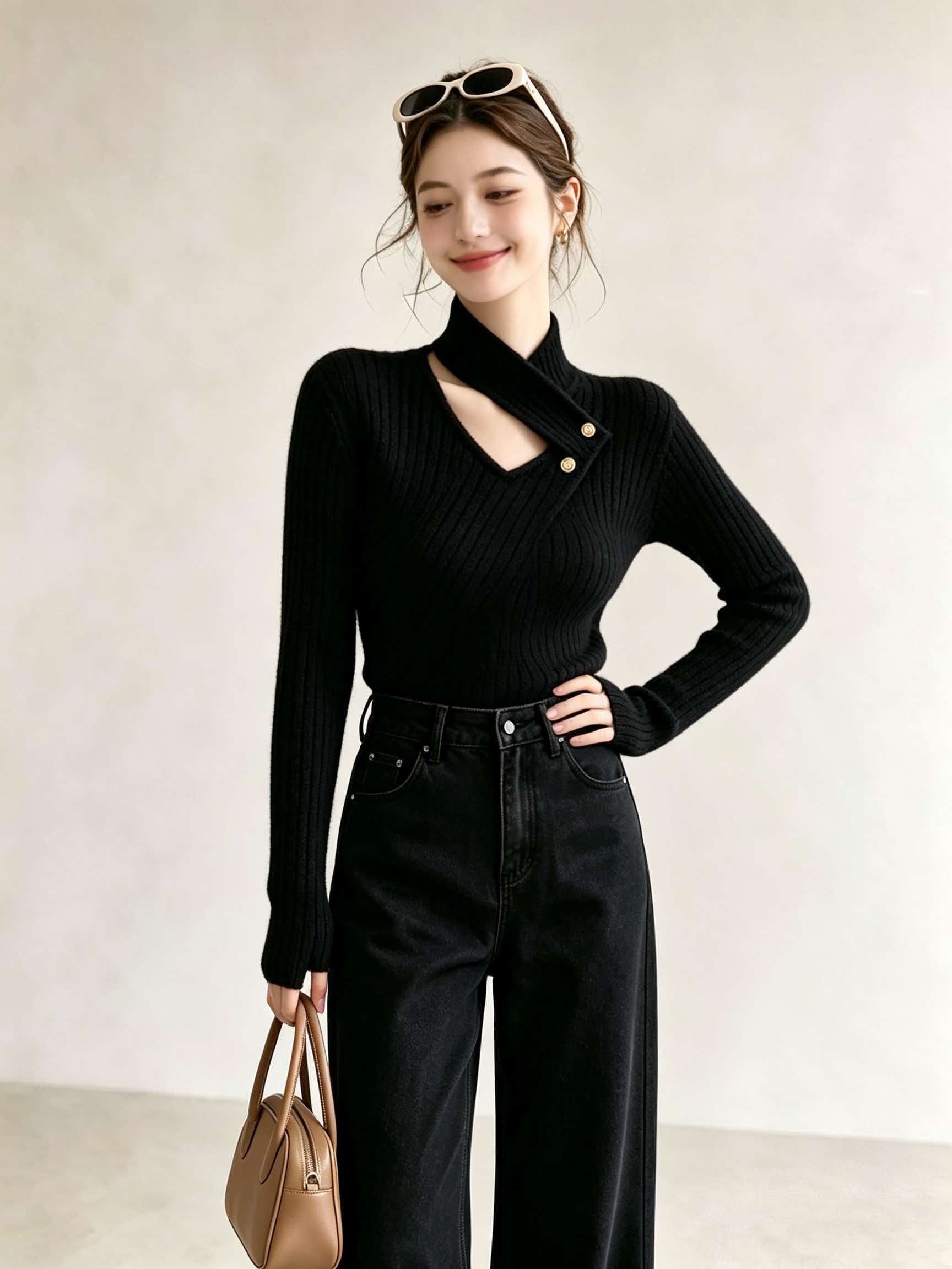 Designer Black Slimming Long Sleeve Knit Sweater Women's Early Autumn Korean Style - Image 2