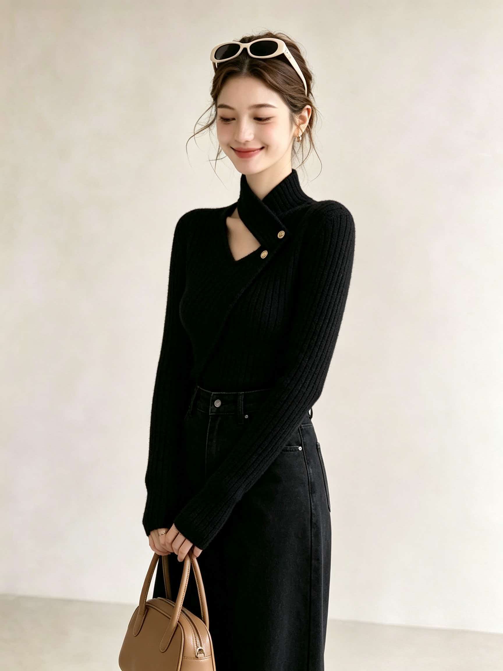 Designer Black Slimming Long Sleeve Knit Sweater Women's Early Autumn Korean Style - Image 3