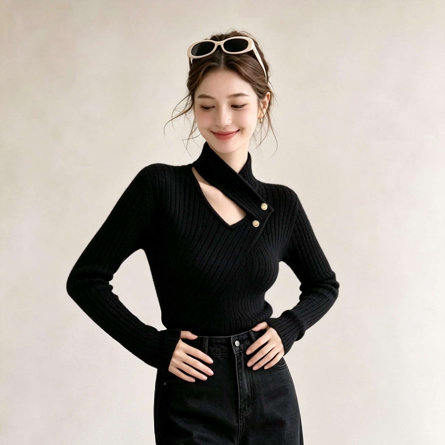 Designer Black Slimming Long Sleeve Knit Sweater Women's Early Autumn Korean Style - Image 5