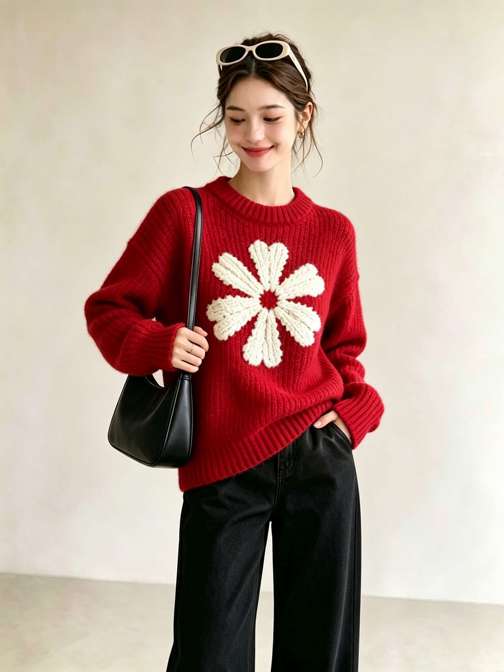 Dopamine Red Chunky Knit Soft Sweater for Women 2026 Autumn Winter Lazy Style Top