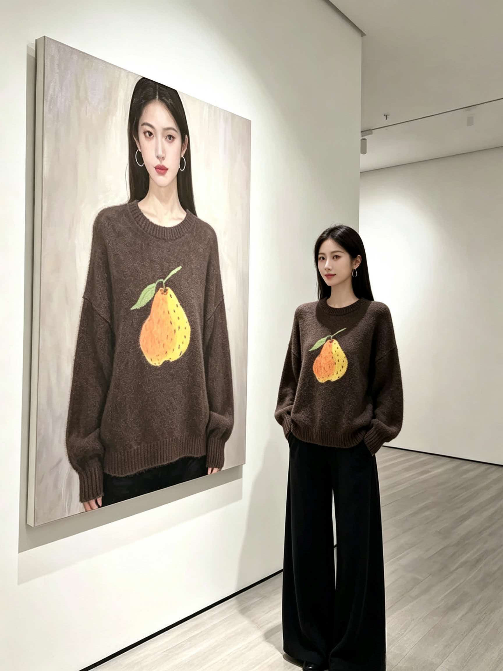 Brown Cartoon Jacquard Sweater Women 2026 New Autumn Winter Korean Style Pullover