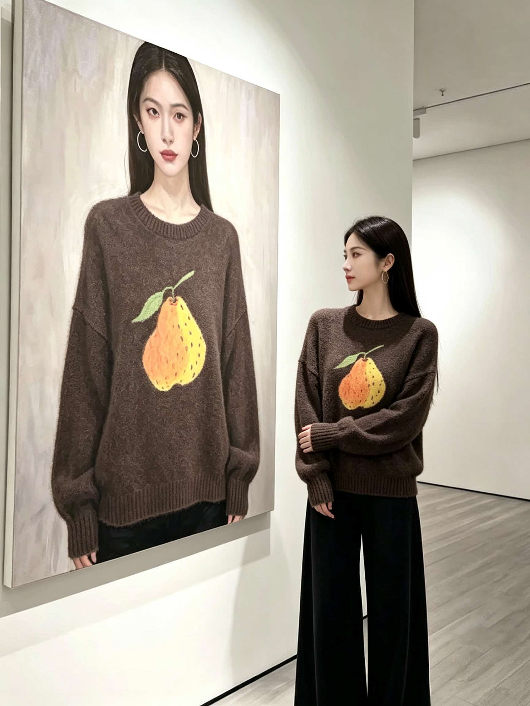 Brown Cartoon Jacquard Sweater Women 2026 New Autumn Winter Korean Style Pullover - Image 4