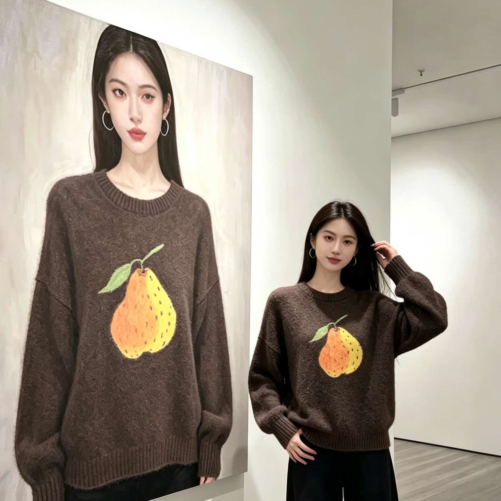 Brown Cartoon Jacquard Sweater Women 2026 New Autumn Winter Korean Style Pullover - Image 5