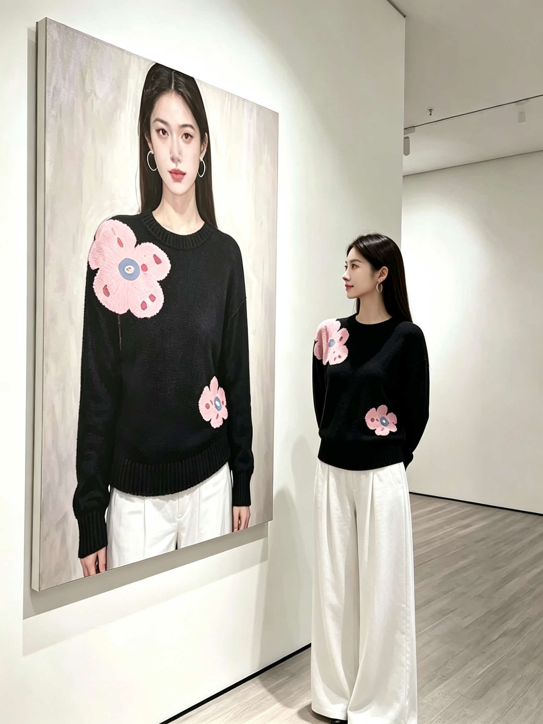 Women's Black Jacquard Knit Pullover Sweater 2026 Fall Winter - Image 3