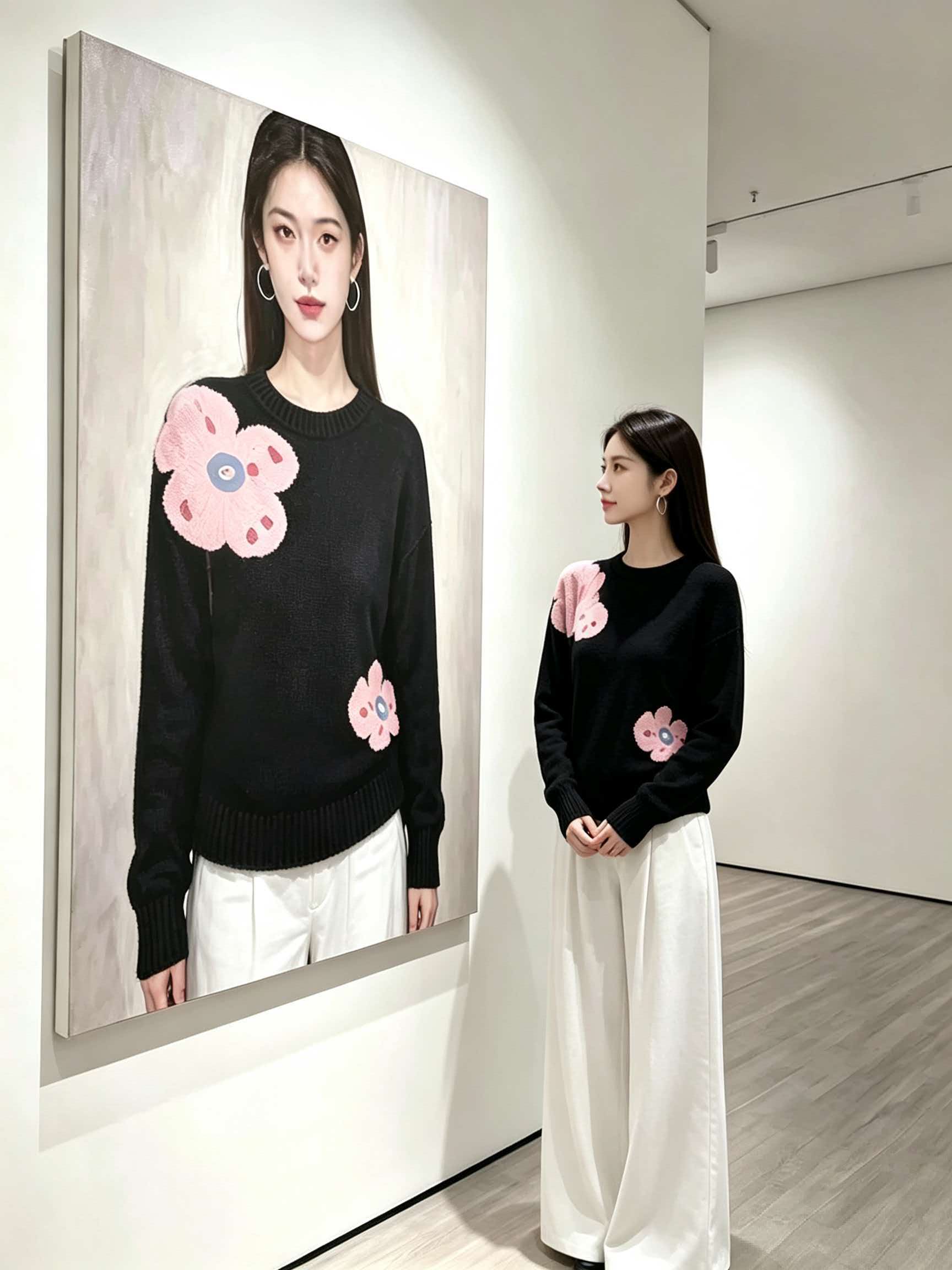 Women's Black Jacquard Knit Pullover Sweater 2026 Fall Winter - Image 2