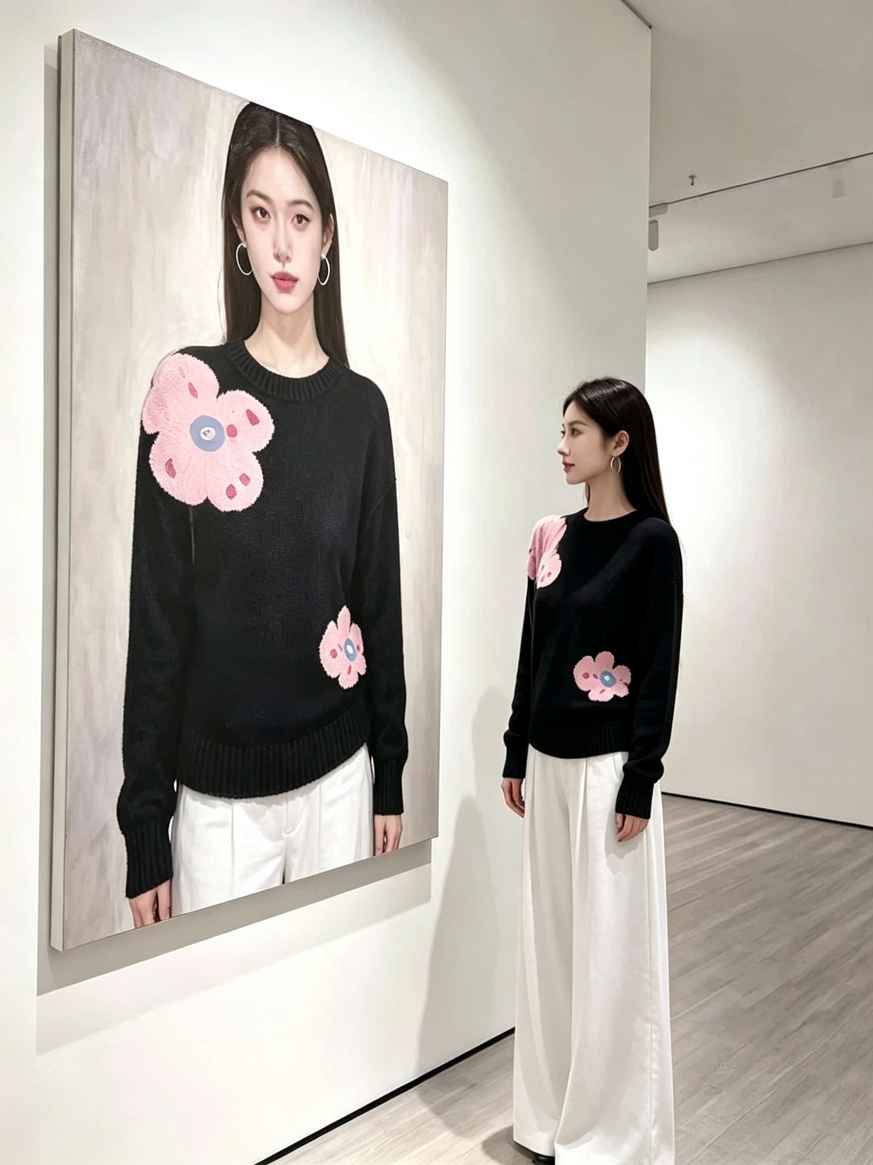 Women’s Black Jacquard Knit Pullover Sweater 2026 Fall Winter